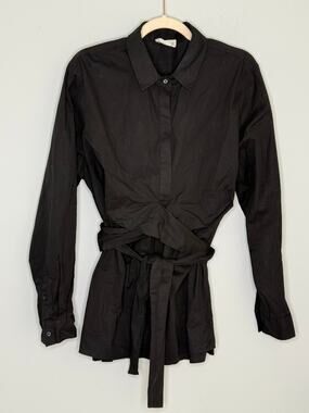 Hours NY Button-Down Women's Cotton Shirt Black Cross Over Sash Size M/18 Plus